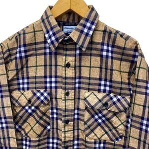 Fieldmaster Flannel Shirt Mens Medium Tan Plaid Perma-Prest Vintage Made in USA